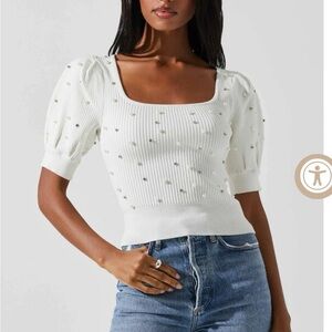 Astr the Label Cream Puff Sleeve Knit Top with Pearl Accents